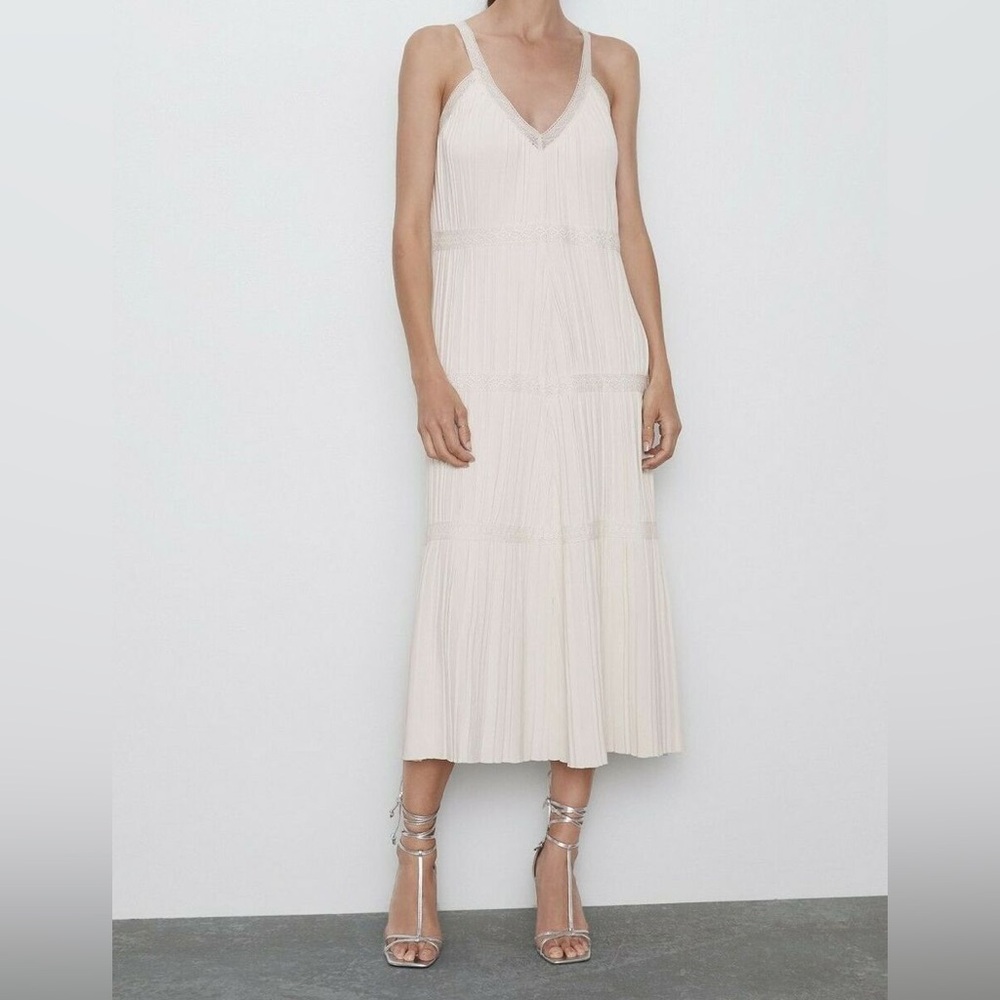 Zara Cream Pleated Midi Dress for Weddings